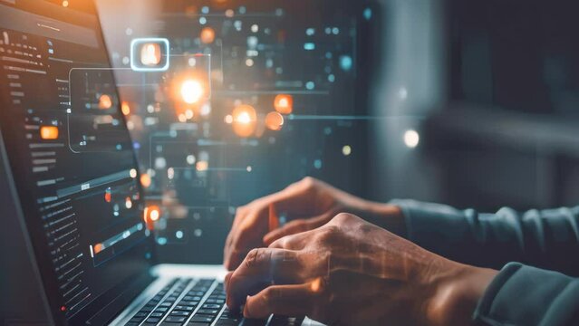 Businessman using laptop with padlock icons on screen. Internet and technology concept. Double exposure