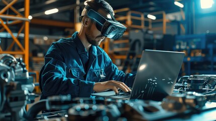 A mechanic using augmented reality (AR) glasses in conjunction with the laptop to visualize engine components. 