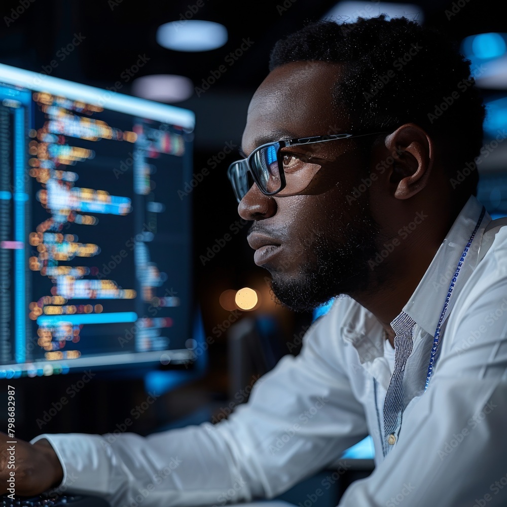 Poster a focused man at his workstation looks at multiple computer screens displaying colorful data analyse