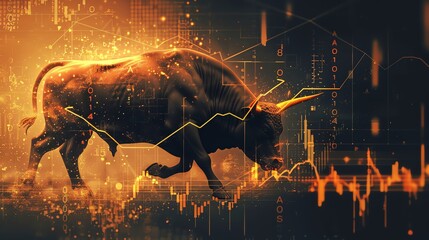 Powerful image of a bull superimposed over rising stock charts, with arrows pointing upwards, symbolizing strong market growth