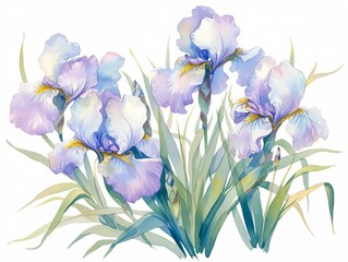 Delicate irises blooming in a spring garden, vibrant purples and greens, detailed and flourishing, isolated on white background, watercolor