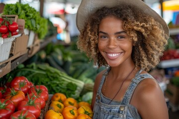 Smiling woman with a basket full of fresh vegetables at the farmers' market under sunlight