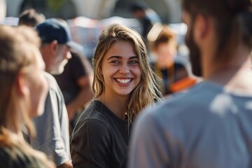 Obraz premium A young woman with a captivating smile enjoying a conversation in a lively street scene