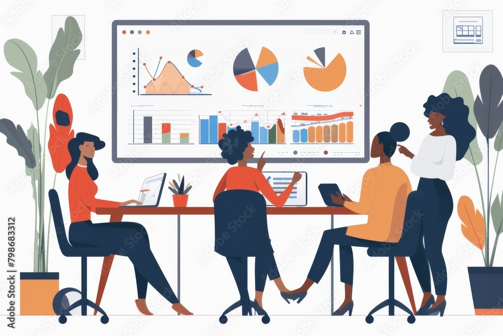 Poster an animated team of five colleagues collaborating and analyzing data charts on a large screen in the