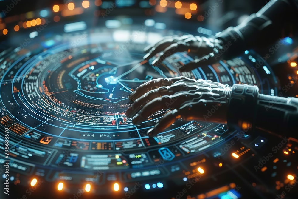 Poster advanced robotics and ai technology concept showcased by robot hands manipulating digital informatio