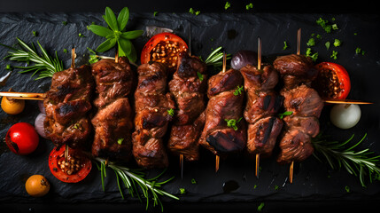 Grilled meat skewers shish kebab on black background