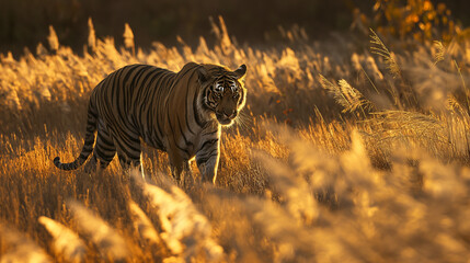 A tiger is walking through a tall grass field. The tiger is in the foreground and is looking at the camera. The background is a blur of orange and yellow grass. The tiger is backlit by the sun, which  - obrazy, fototapety, plakaty