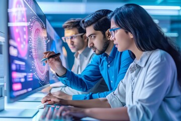 Diverse team of tech professionals intensely working on advanced graphic design on computer monitors in modern office