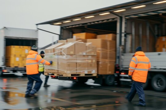 Workers in high visibility jackets unloading boxes from a delivery truck on a rainy day