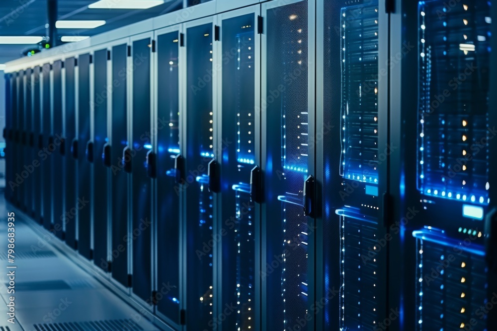 Poster a sleek interior of a modern data center with rows of high tech server racks indicating data storage
