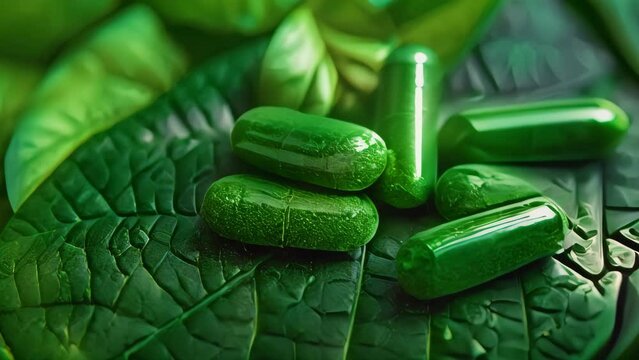 Close up of green multivitamin and other natural plant based supplement pills.