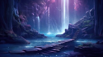 Moonlit Enchantment: A Mystical Waterfall Amidst Starry Night
