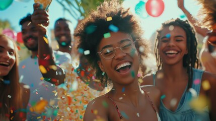 Dancing in the Lazy Sun: A Captivating Happy Portrait of a Young Black Woman Lost in the Ecstasy of a Summer Gathering Surrounded by Enthusiastic People