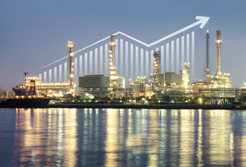 Fototapeta premium Oil gas refinery or petrochemical plant. Include arrow, graph or bar chart. Increase trend or growth of production, market price, demand, supply. Concept of business, industry, fuel, power energy.