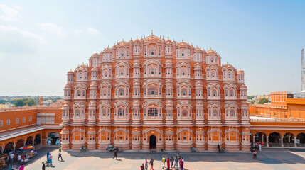 The  Hawa Mahal, or Palace of the Winds, in Jaipur, India. It is a five-story palace built of red and pink sandstone. The palace has 953 windows and is known for its intricate carvings 