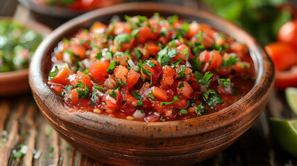  Salsa dip in a rustic ceramic bowl on wooden table. Salsa pico de gallo with tomato, red onion, lime, cilantro, and jalapeno pepper. traditional mexican sauce.