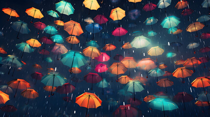 Fototapeta na wymiar Group of multicolored umbrellas are in the air