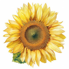 Fototapeta premium Golden sunflower with radiant petals, center detailed in rich textures, vivid colors captured in high detail, isolated on white background, watercolor