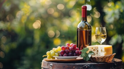 Obraz premium Tasty wine and cheese on wooden barrel on grape plantation background