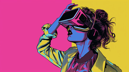 Retro girl with glasses virtual reality in pop art style. Playgroung advertising
