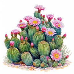 Lush cacti with bright flowers blooming, sharp greens and vivid pinks, detailed and desertlike, isolated on white background, watercolor