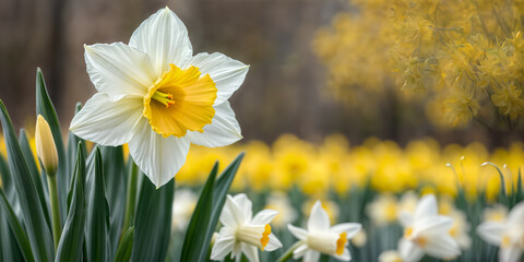 Create a detailed image of a daffodil flower with broad white petals and a bright yellow trumpet-shaped center