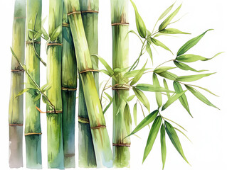 Lush green bamboo shoots reaching upward, strong and straight, detailed in natural growth, isolated on white background, watercolor