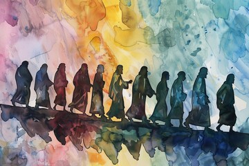 The Twelve Chosen Disciples - Biblical Christian Watercolor Silhouette of Jesus and His Followers Spiritual Journey - obrazy, fototapety, plakaty