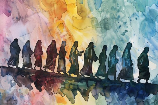 The Twelve Chosen Disciples - Biblical Christian Watercolor Silhouette of Jesus and His Followers Spiritual Journey