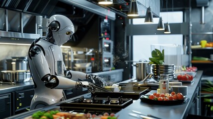 An AI robot chef preparing meals in a high-end restaurant kitchen