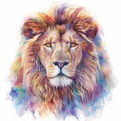 Majestic lion, mane flowing, eyes piercing with serene wisdom, vivid colors captured in high detail, isolated on white background, watercolor