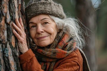 An elderly lady hugging a tree, feeling connected to nature