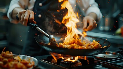 Fototapeta premium Close-up Professional chef hands cook food with fire in kitchen at restaurant