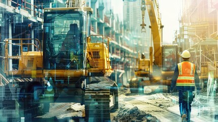 A dynamic shot of construction machinery in motion overlaid with an engineer inspecting the site, emphasizing safety and quality control. 