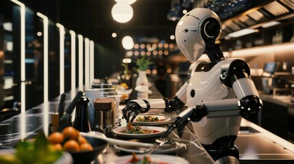 Fototapeta premium An AI robot chef preparing meals in a high-end restaurant kitchen