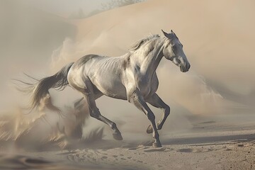 Grey Stallion Galloping Wild: Majestic Spirit in the Desert Dust