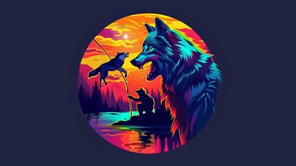 colorful vector illustration of logo of a hunting company with wolf catching prey