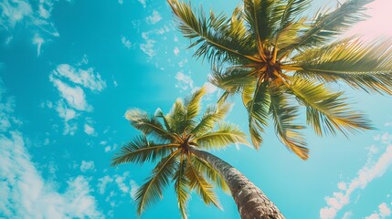 Bottom up view of palm tree with blue sky in summer. Summer vibes. Palm tree with green leaves at tropical beach. Island environment in summer. Summer travel background.