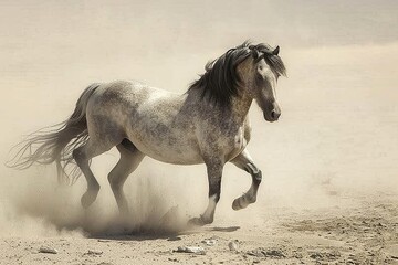 Obraz premium Majestic Grey Horse Rearing in the Desert: Spirit of Freedom Under the Silver Sun