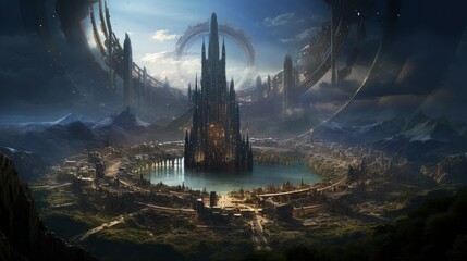 Futuristic city surrounding a serene lake under a colossal ringworld and a dying star