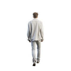 Rear view of a young man walking isolated on transparent background.