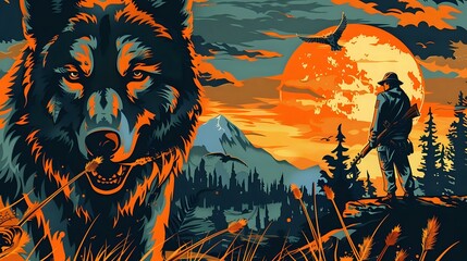 colorful vector illustration of logo of a hunting company with wolf catching prey