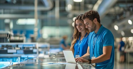 A male and female worker in a modern office, wearing blue shirts with lanyards around their necks looking at a laptop computer on a desk while standing near a large glass wall overlooking