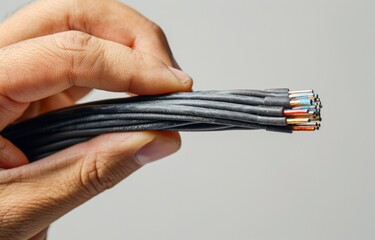 A hand holding the end of an electrical cable against a white background, with a close up shot of wires inside a black colored wire being pulled apart, isolated on a solid white background