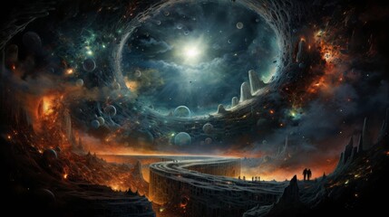 Epic fantasy illustration of ancient ruins under a cosmic sky with observers