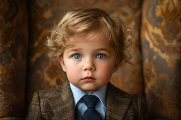 Fancy toddler wearing a business suit with a shirt and tie