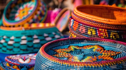 Vibrant handcrafted baskets at artisan market Cinco De Mayo - obrazy, fototapety, plakaty