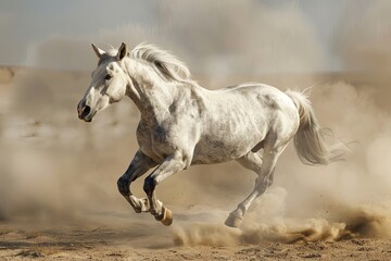 Obraz na płótnie Canvas Majestic Grey Horse: Wild and Free in Desert Dust Under the Sun
