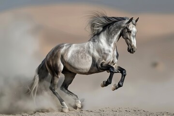 Majestic Grey Horse: Dynamic Force of Freedom in the Desert