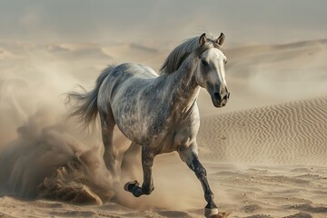 Majestic Grey Horse Galloping Wild in Desert Dust